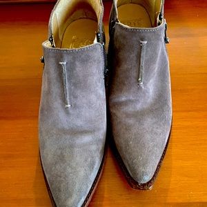 FRYE ankle suede booties with zippers on both sides of ankle.